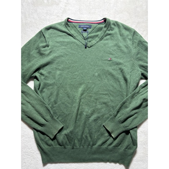 Tommy Hilfiger V Neck Premium Cotton Sweater Solid Green Men's Size Medium - Picture 2 of 7